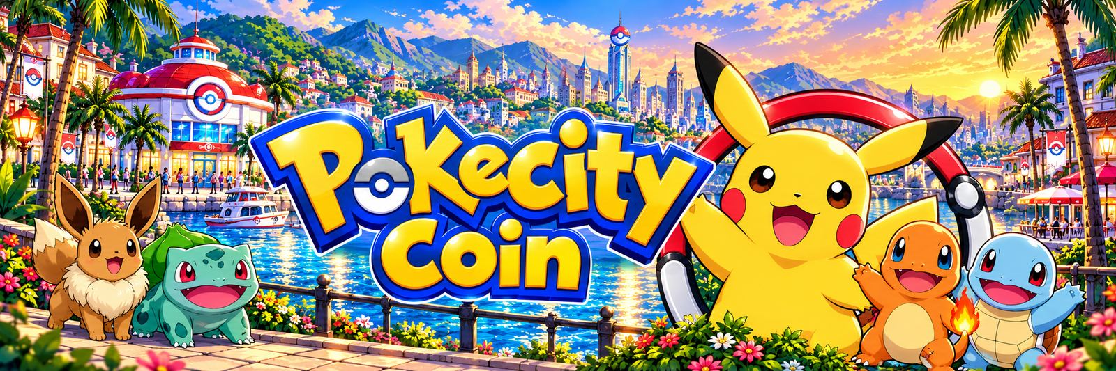 Pokecity Coin banner: Pikachu, Eevee, Bulbasaur, Charmander and Squirtle in a seaside city