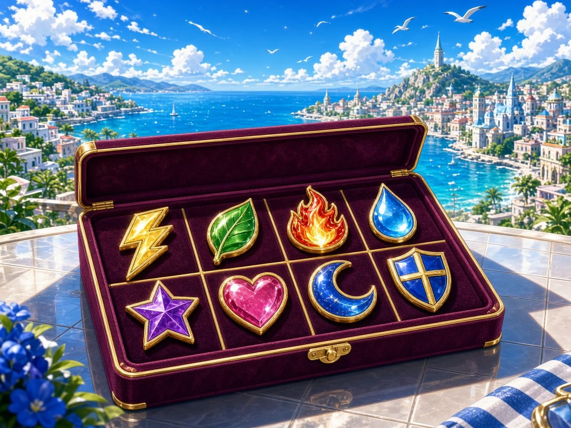 A velvet case of eight shiny gym badges