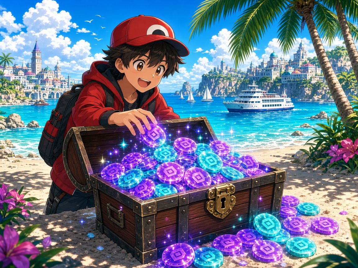 A trainer opening a treasure chest of glowing coins
