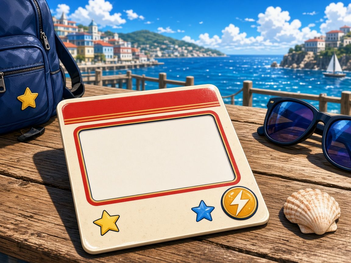A blank trainer card on a sunny pier table